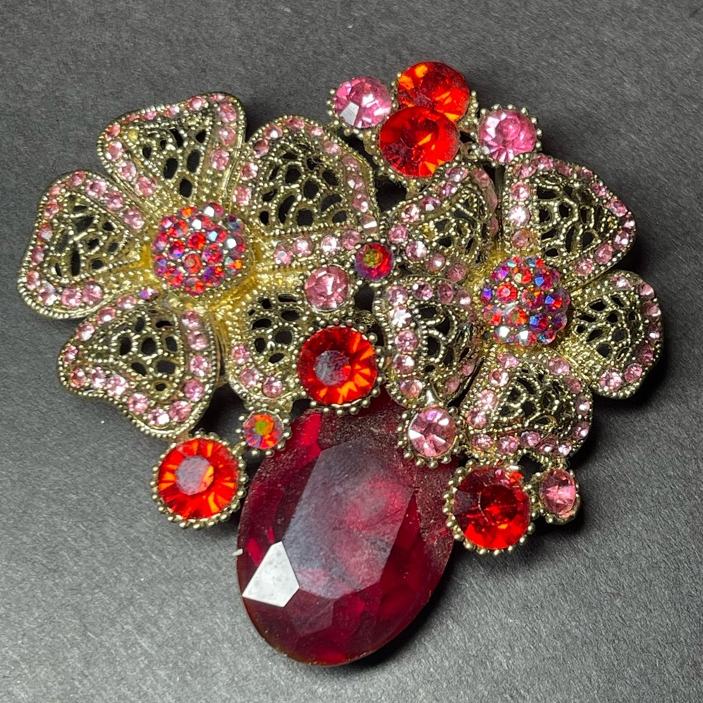 Red & Pink Floral LARGE Brooch Gold Toned